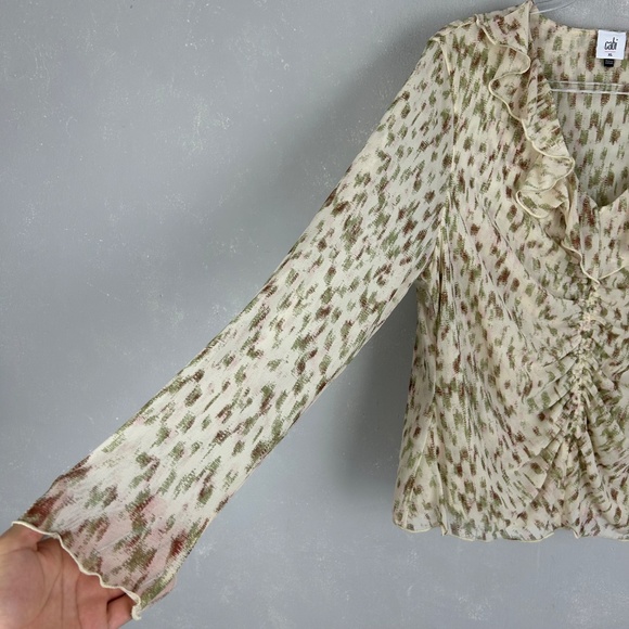 Cabi size XL Dapple top long sleeve ruched ruffle v-neck stretch mesh beige 4532 - Picture 5 of 14